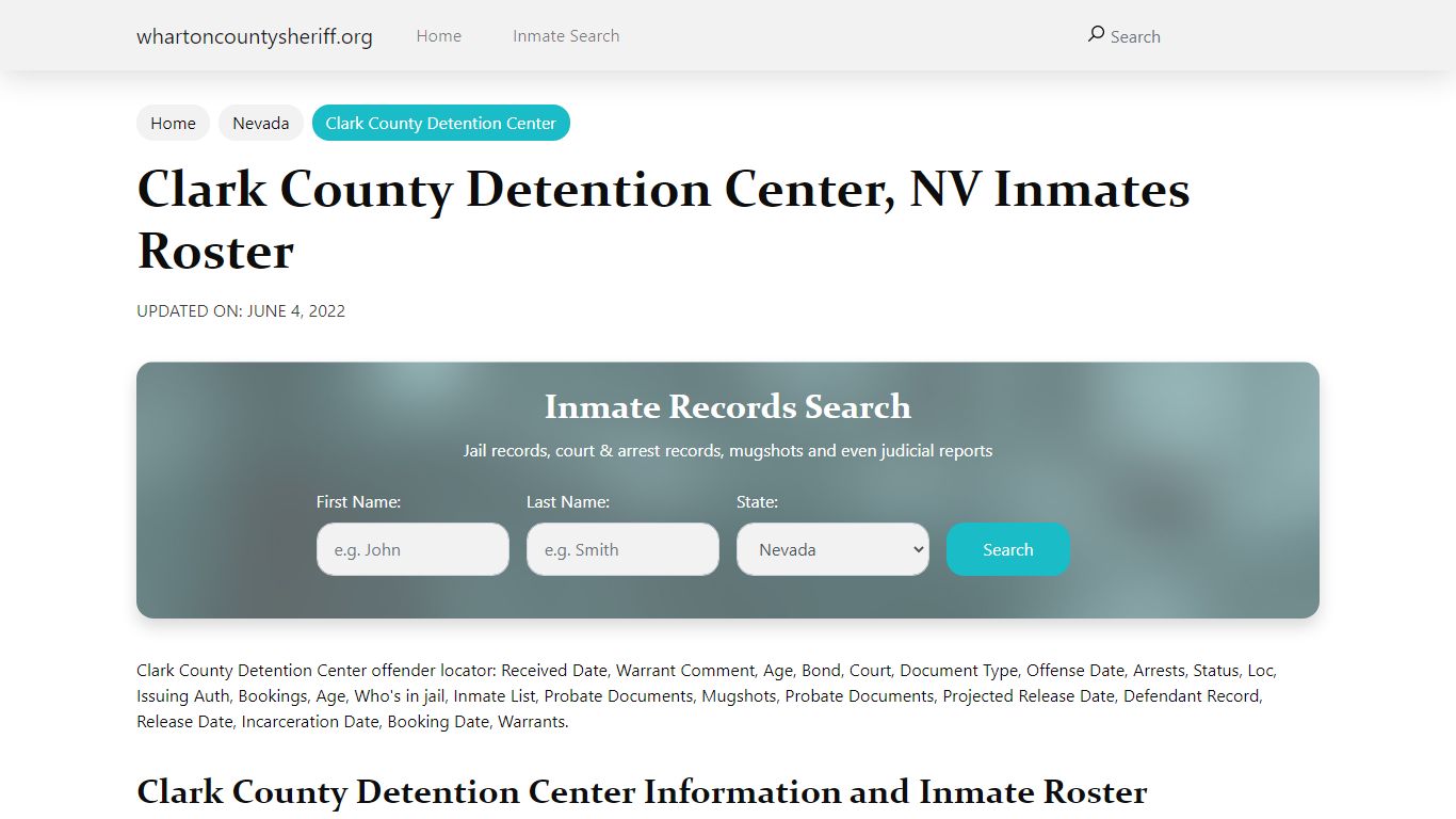 Clark County Detention Center, NV Jail Roster, Name Search